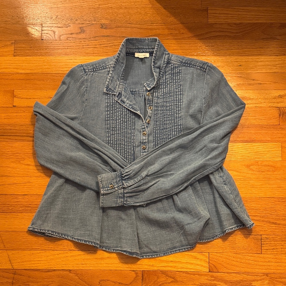 Anthropologie Washed Denim Button-Front Pintuck Top - Blue